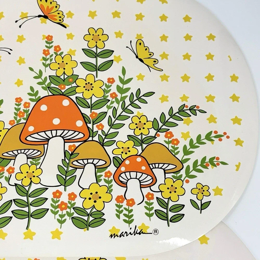 Vintage Marika Vinyl Foam Placemats 2 Pc Mushroom Butterfly Orange Yellow 18x12